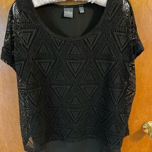 New York & Company Black Geometric Lace Top